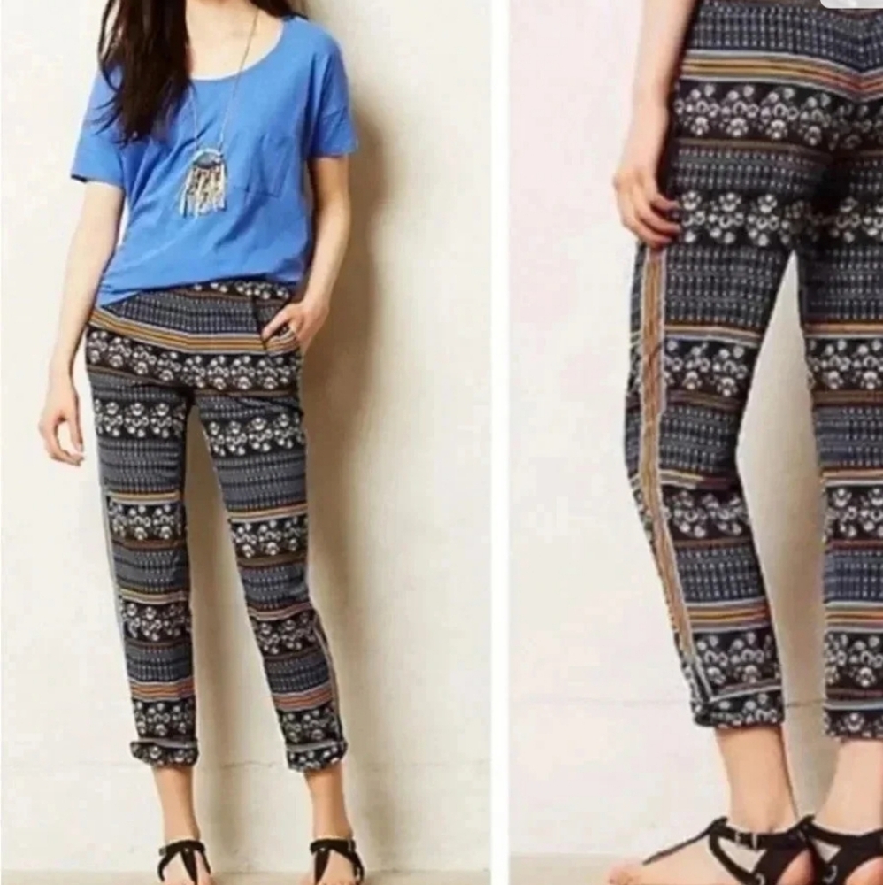 Anthropologie Elevenses Aralia Printed Boho Cropped Pants Size 4P Petite